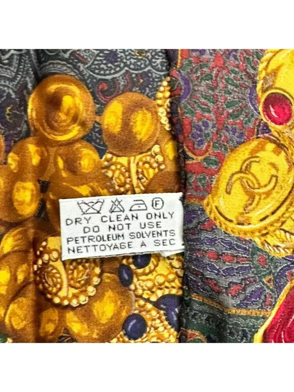 Chanel Scarf Silk Chain Gem Pattern Gold